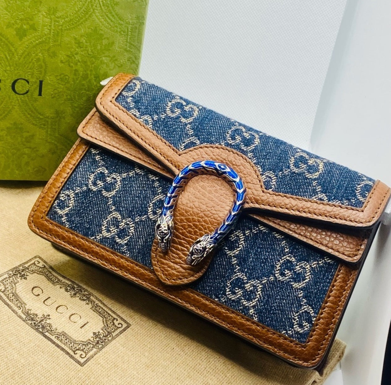 Gucci - Dionysus GG Denim Shoulder Bag Collection - Blue Brown w/ Shoulder Chain