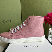 Load image into Gallery viewer, Gucci GG Miro Soft Canvas and Leather High-Top Sneakers in Pink and White