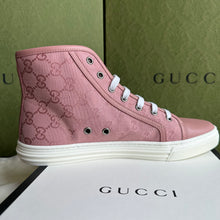 Load image into Gallery viewer, Gucci GG Miro Soft Canvas and Leather High-Top Sneakers in Pink and White