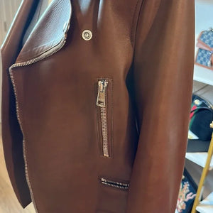 PREOWNED Gucci Leather Moto Jacket in Fawn Brown Size 42