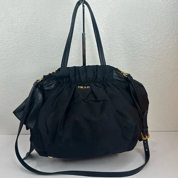 バッグ Prada Nappa Leather Side Ribbon 2way Bag PREOWNED PRADA Vintage Nylon 2-way Bag with Side Ribbon in Black