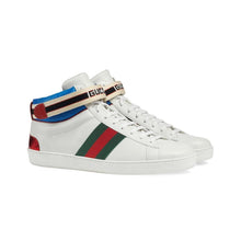 Load image into Gallery viewer, The Gucci Stripe Ace High-top Sneakers is a sporty, 80&#39;s inspired shoe with a modern take to be worn everyday. Made in white leather with a signature Gucci web, this shoe has blue nylon trim and a red and black Gucci Jacquard stripe velcro strap. The back of these high tops features a red ayers snake detail, the perfect finishing touch on this pair. 