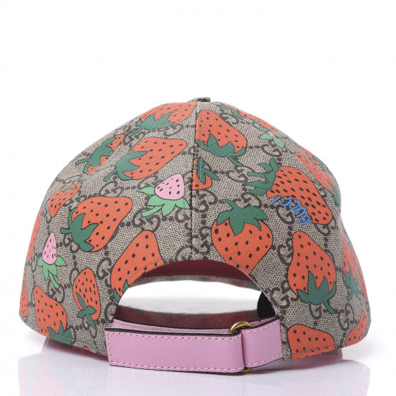 Gucci GG Supreme Monogram Strawberry Baseball Hat in Beige –