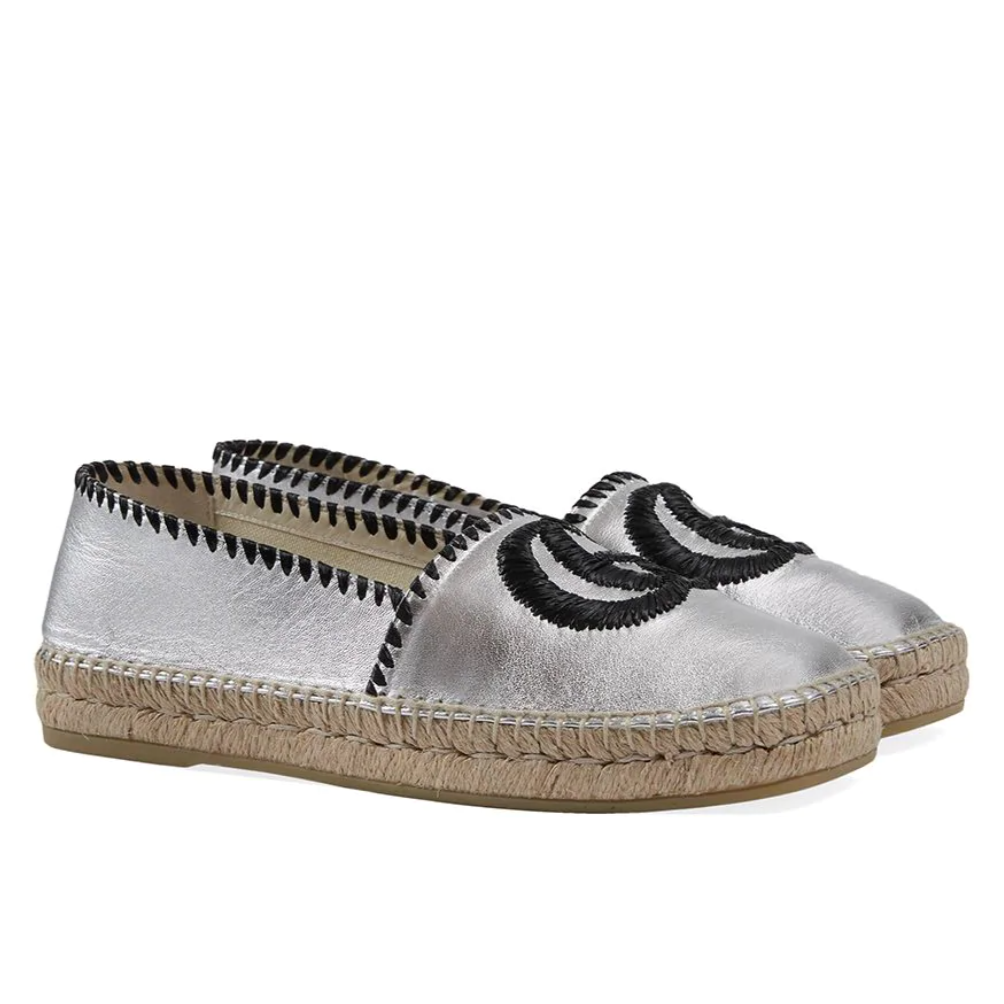 Gucci GG Embroidered Leather Espadrilles in Silver