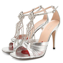 Load image into Gallery viewer, Gucci Napa Silk Crystal Crawford Strap Sandal in Silver