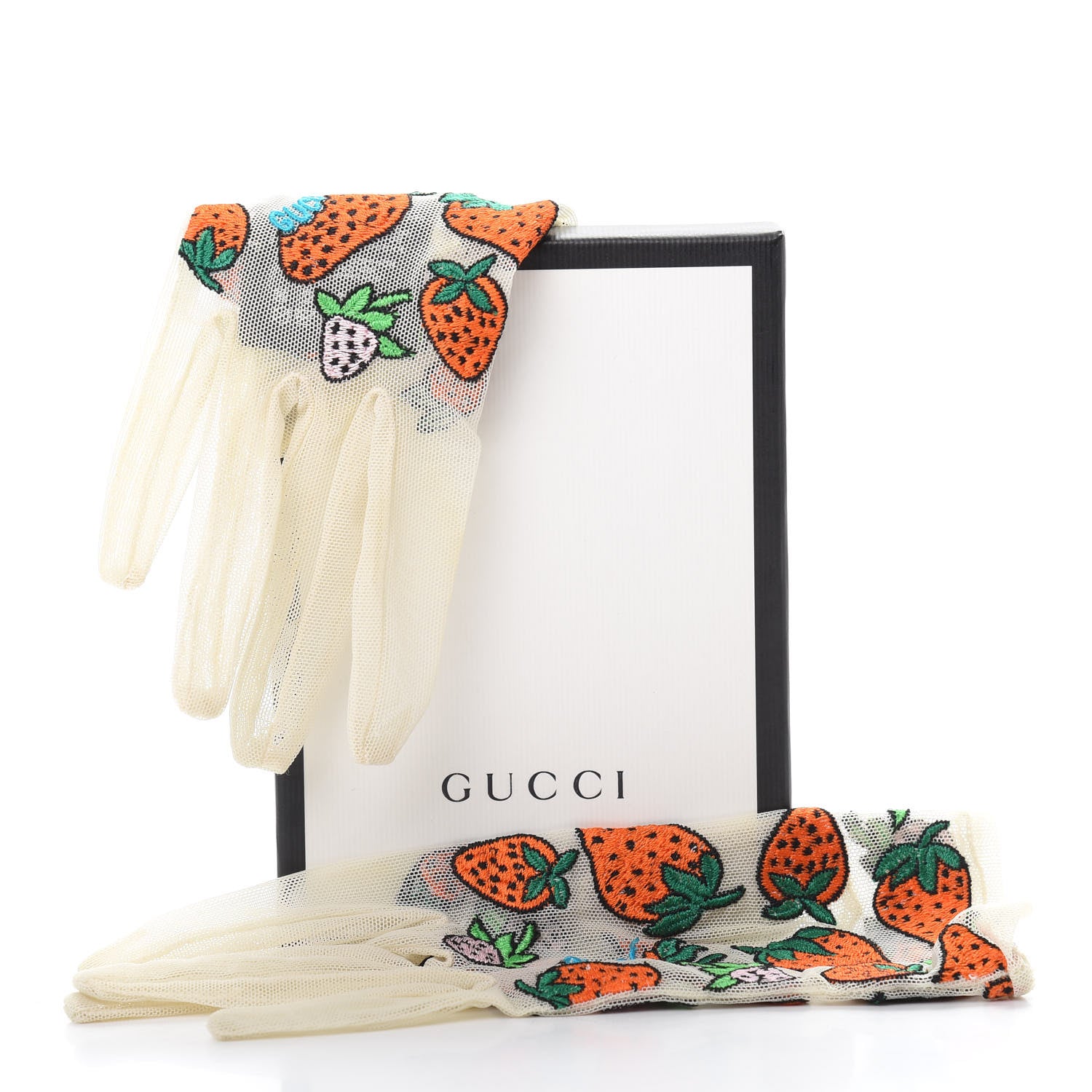 Gucci Tulle Strawberry Embroidered Gloves in White –