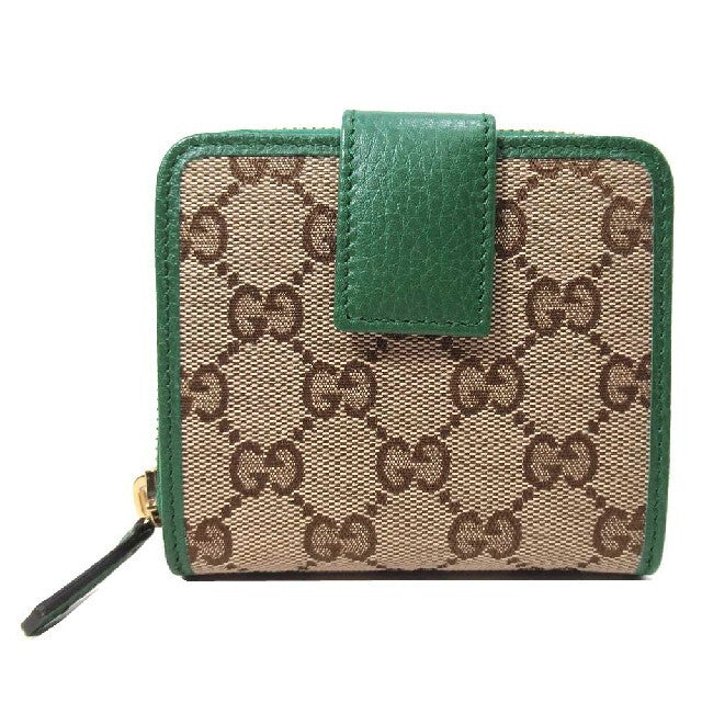 Gucci Original GG Canvas French Wallet in Beige and Emerald Green