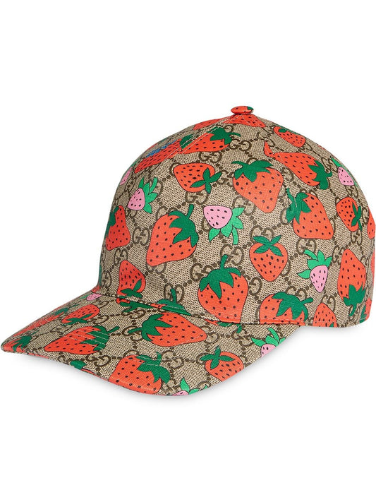 Gucci GG Supreme Monogram Strawberry Baseball Hat in Beige