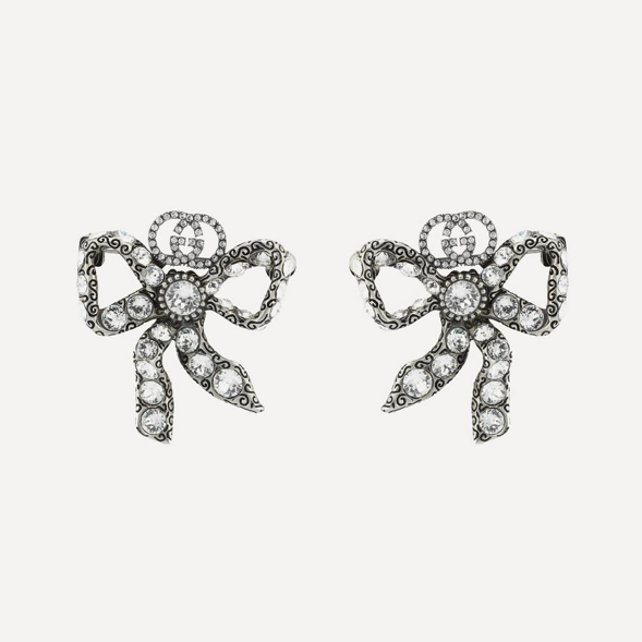 Gucci Silver-tone Crystal Bow Stud Earrings