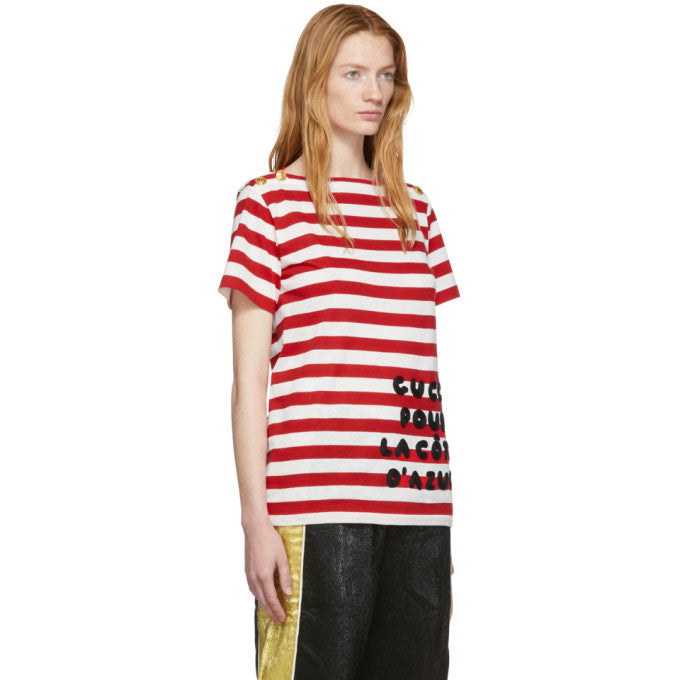 新品GUCCI Striped Pour La Cote D'Azur Tシャツ Gucci S/S Striped Pour La Cote D'Azur T-Shirt in Red and White