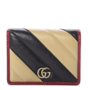 GUCCI Vintage Effect Calfskin Matelasse Diagonal Torchon GG Marmont Card Case in Black and Beige