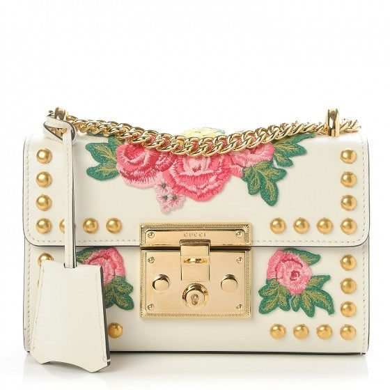 Gucci Small Floral Embroidered Padlock Shoulder Bag in White