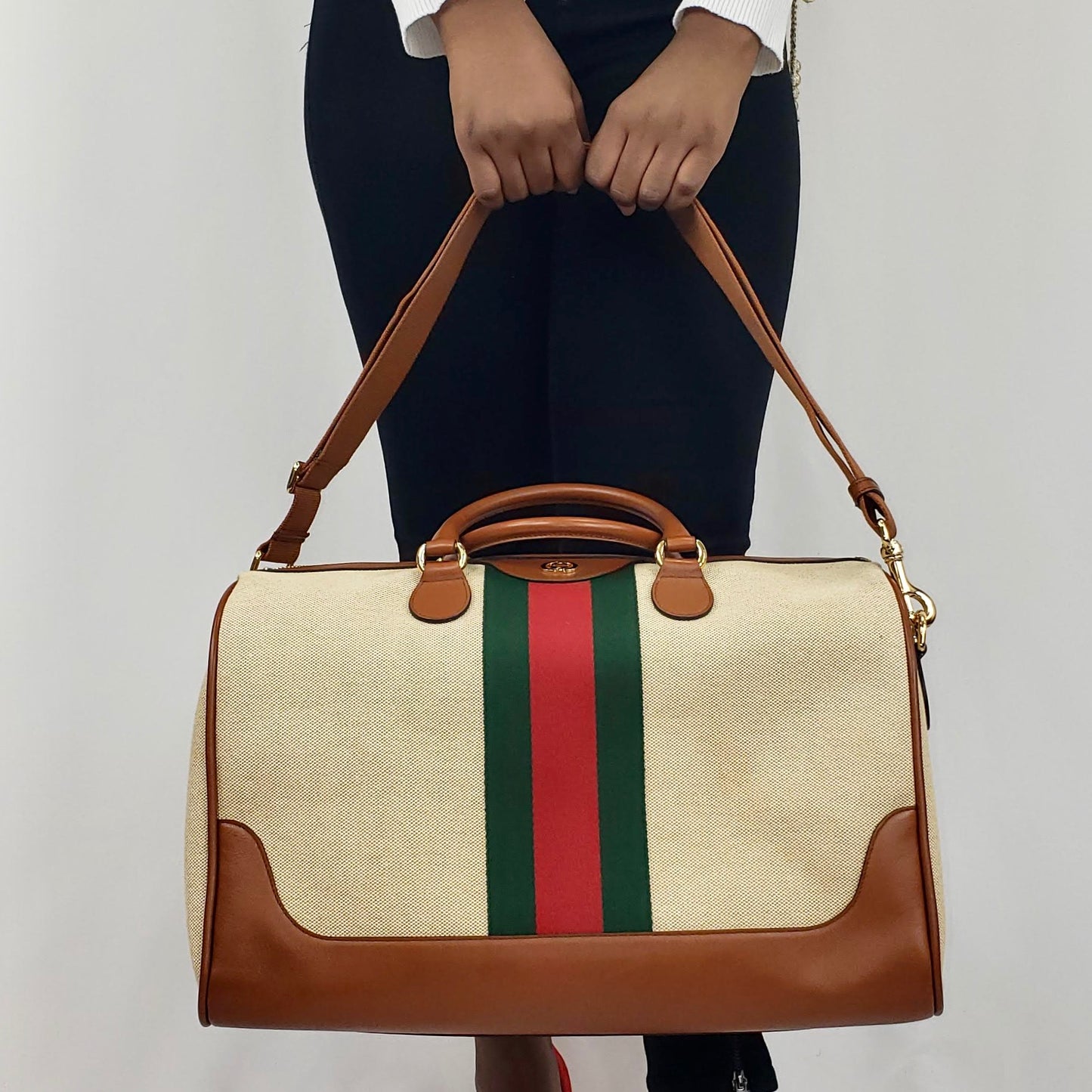 Gucci Travel Duffel Bag with Web in Beige
