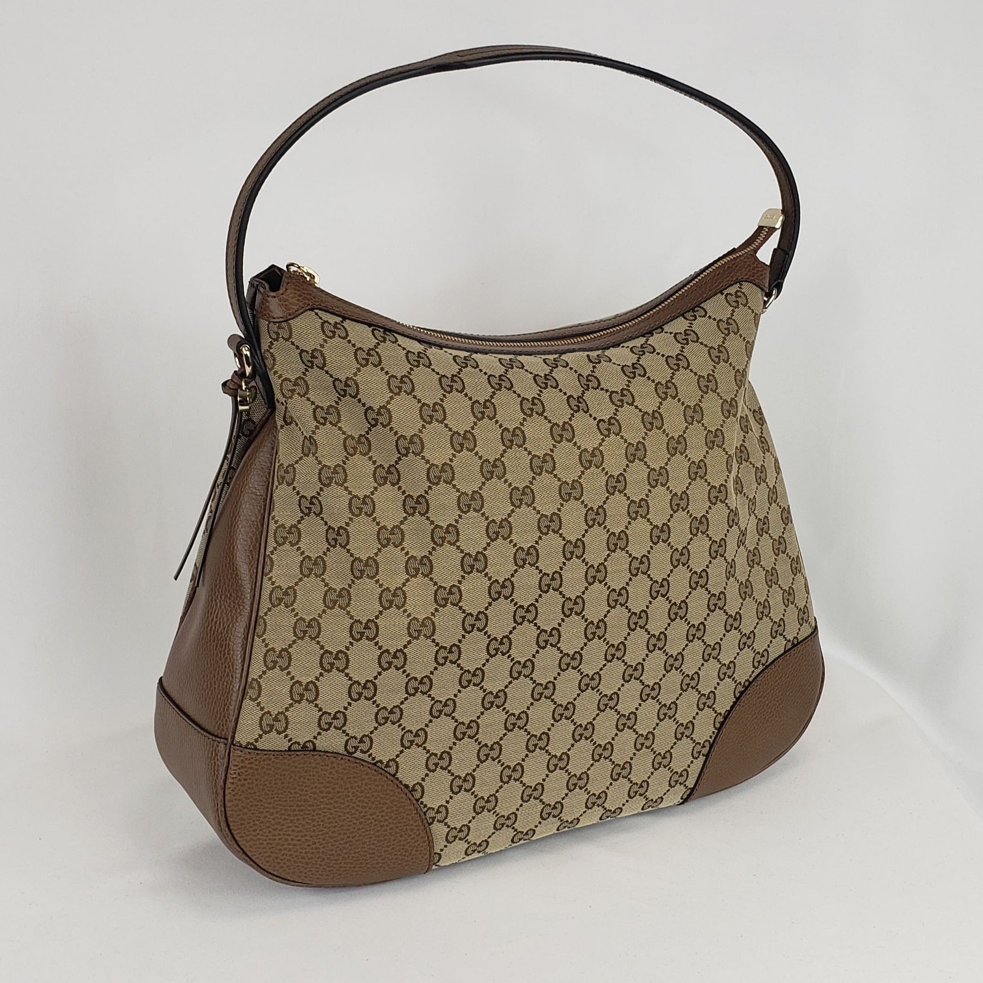 Gucci Large GG Logo Beige Canvas Brown Leather Removable Strap Bag