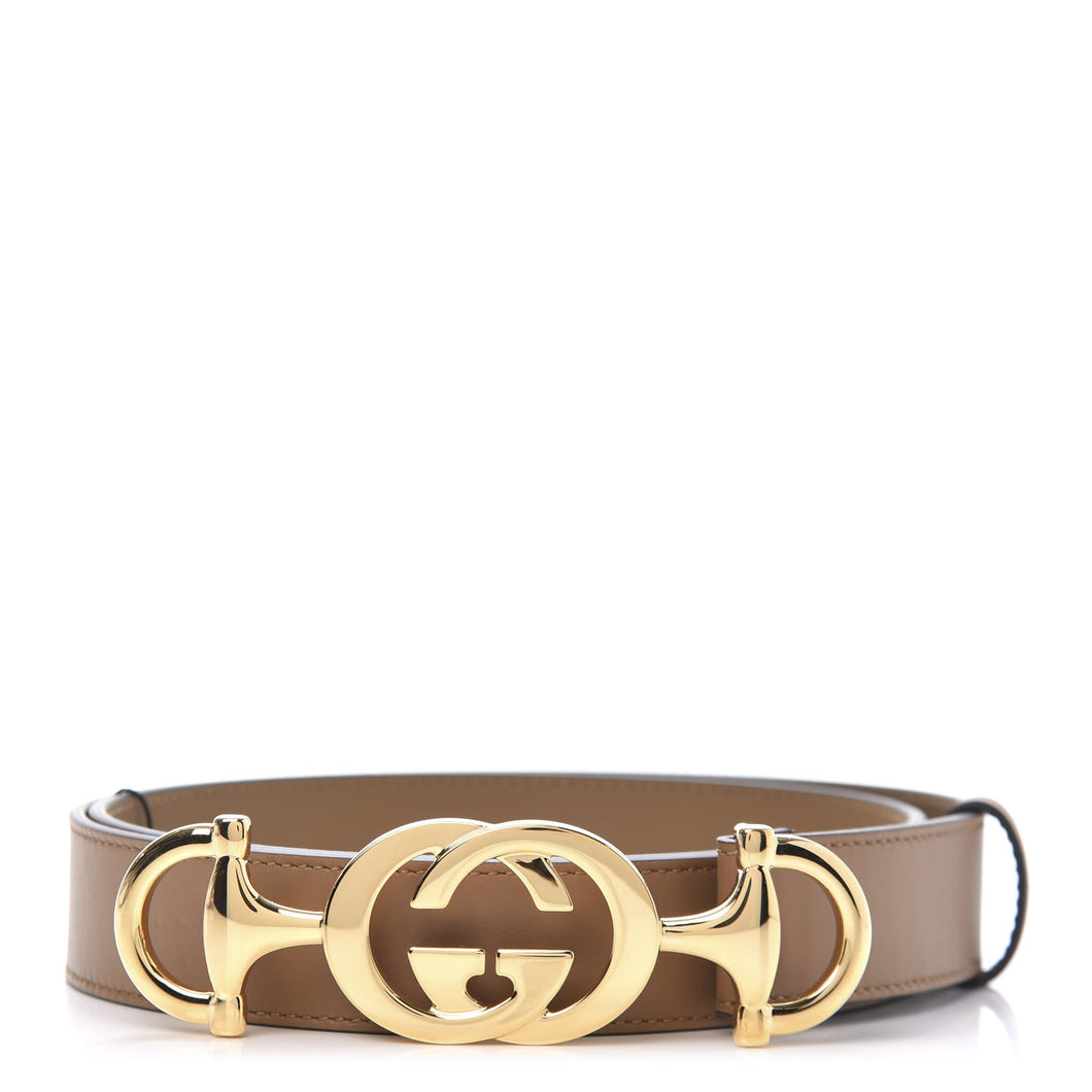 Gucci Leather Belt with Interlocking GG Horse bit Buckle in Taupe Brown