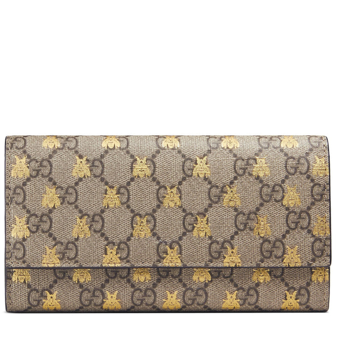 Gucci GG Supreme Bees Flap Long Wallet in Beige