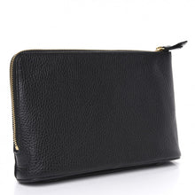 Load image into Gallery viewer, The Gucci Calfskin GG Marmont Pouch in Black is crafted of lovely textured calfskin leather in black. This bag features a top zipper that opens to a beige fabric interior with a zipper pocket and card slots on one side and a single pouch pocket on the opposite.