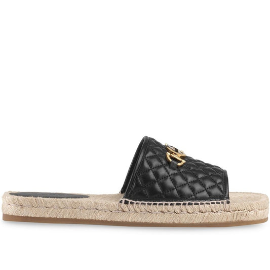 Gucci Horsebit Quilted Espadrille Slide Sandals in Black