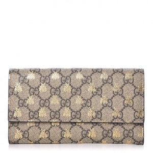 Gucci GG Supreme Bees Flap Long Wallet in Beige
