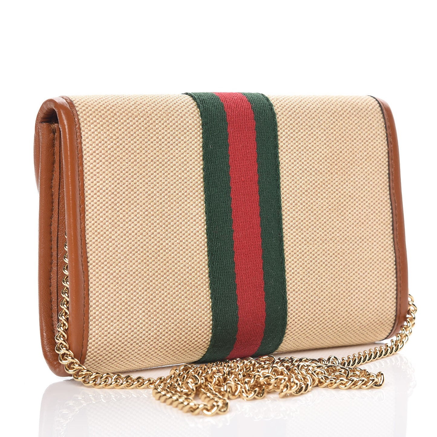 Beige Rajah mini shoulder bag Brown trim and interior  Gold-tone hardware  100% supreme canvas  Leather trim and interior  Signature red and green Gucci web Lions head embellished with blue, red, and white crystals  Fold over top with magnetic snap closure  Removable gold chain strap 2 card cases  4.5" x 7" x 1.5" Strap drop 22" Product number 573797 Made in Italy 