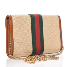 Load image into Gallery viewer, Beige Rajah mini shoulder bag Brown trim and interior  Gold-tone hardware  100% supreme canvas  Leather trim and interior  Signature red and green Gucci web Lions head embellished with blue, red, and white crystals  Fold over top with magnetic snap closure  Removable gold chain strap 2 card cases  4.5&quot; x 7&quot; x 1.5&quot; Strap drop 22&quot; Product number 573797 Made in Italy 