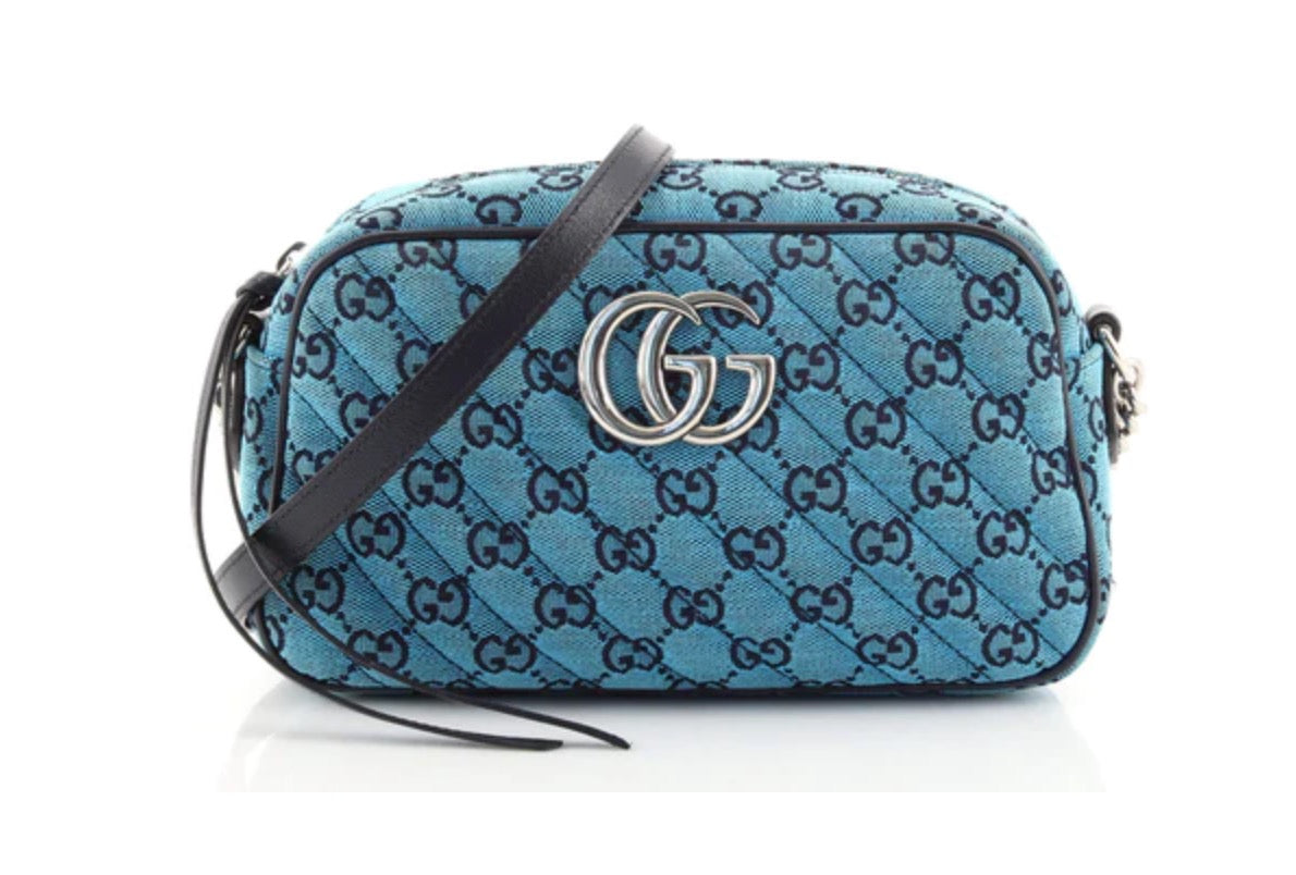 GUCCI GG Marmont Camera Bag in White Leather With Blue Trim
