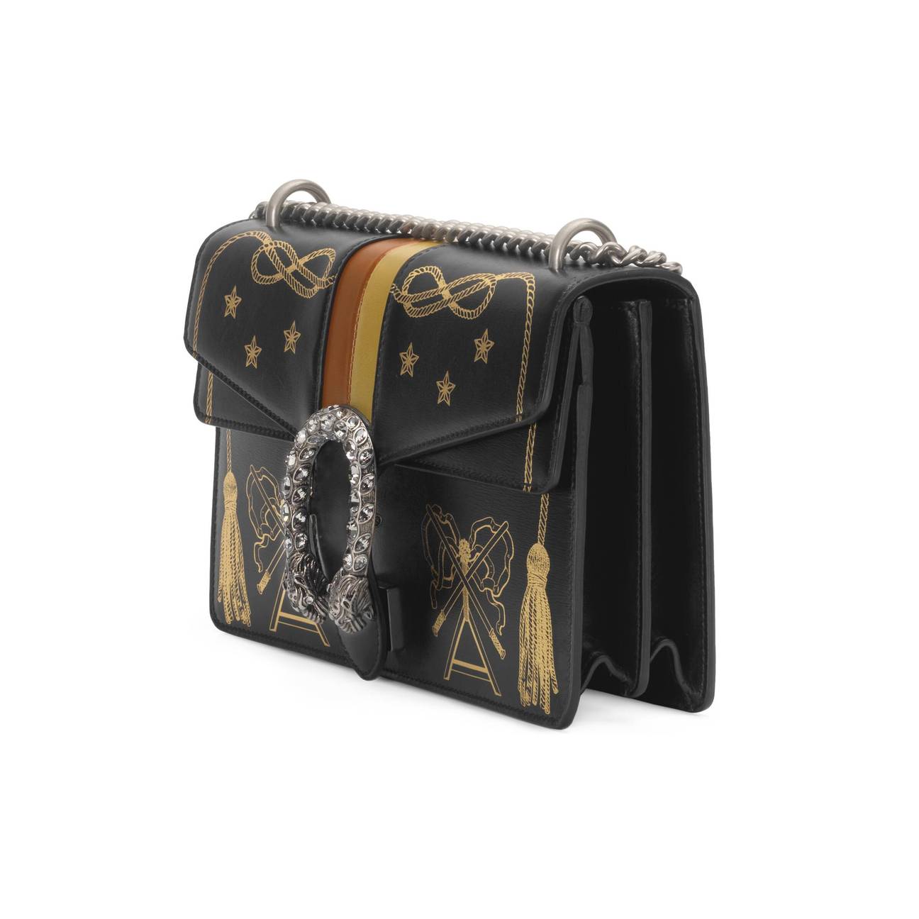 Black small Dionysus Shoulder Bag  Gold hand painted detailing  Silver-tone hardware  100% calfskin leather  Metallic ancient cemetery symbolism, stars and tassel print Tiger head clasp with pin, side release closure  Hand-painted edges  Interior zip pocket  Slip pocket under flap 7" x 11" x 3.5" Strap drop 8.5" or 15" Product number 4002490 Made in Italy 