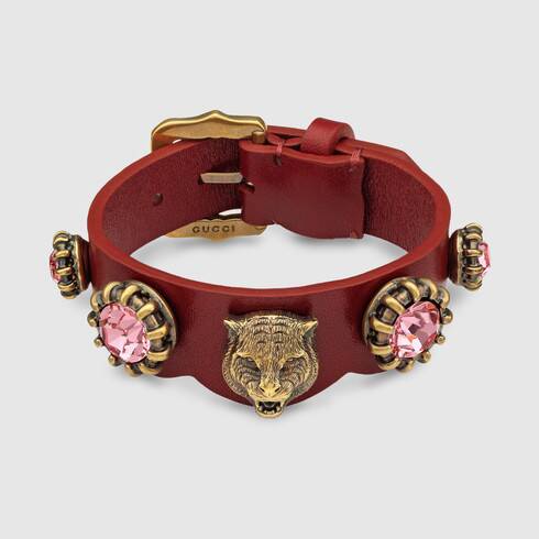 Bracelets Gucci Gucci Gold Tone Feline Head Palm Wrap Bracelet in Brown Leather