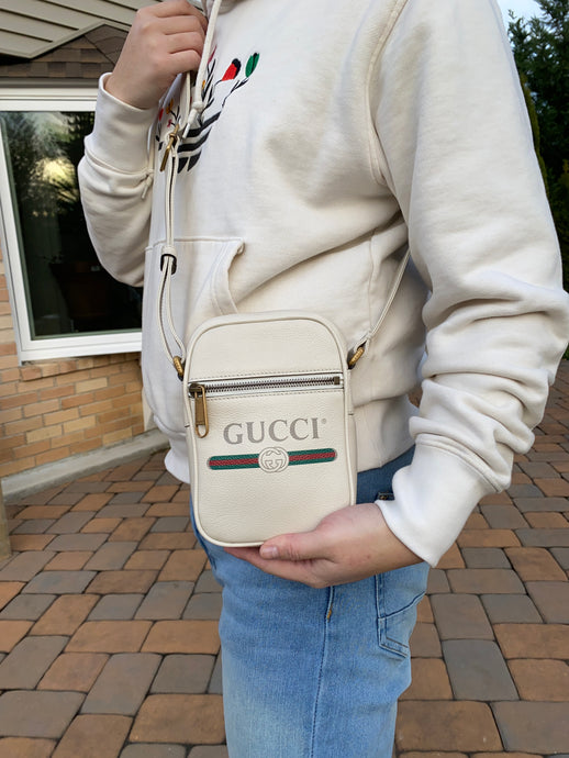 Gucci Logo Print Leather Crossbody Bag in White