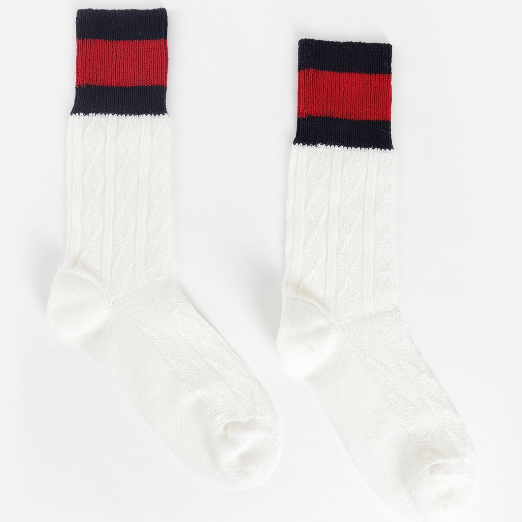 WHITE CABLE KNIT WOOL SOCKS WITH A BIT OF STRETCH.  CLASSIC GUCCI BLUE AND RED STRIPE CUFF AT TOP.  SIMPLE AND ICONIC.  CLEAN AND CLASSY.