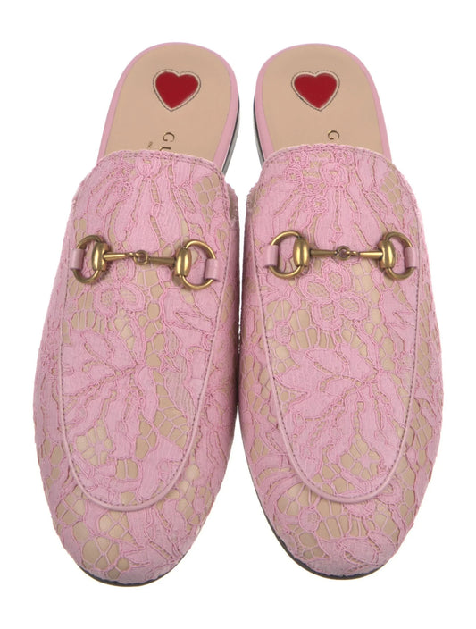 Gucci Princetown Pink Lace Leather Horsebit Mules
