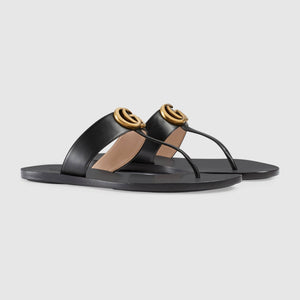 Gucci Double G Leather Thong Sandal in Black