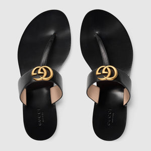Gucci Double G Leather Thong Sandal in Black