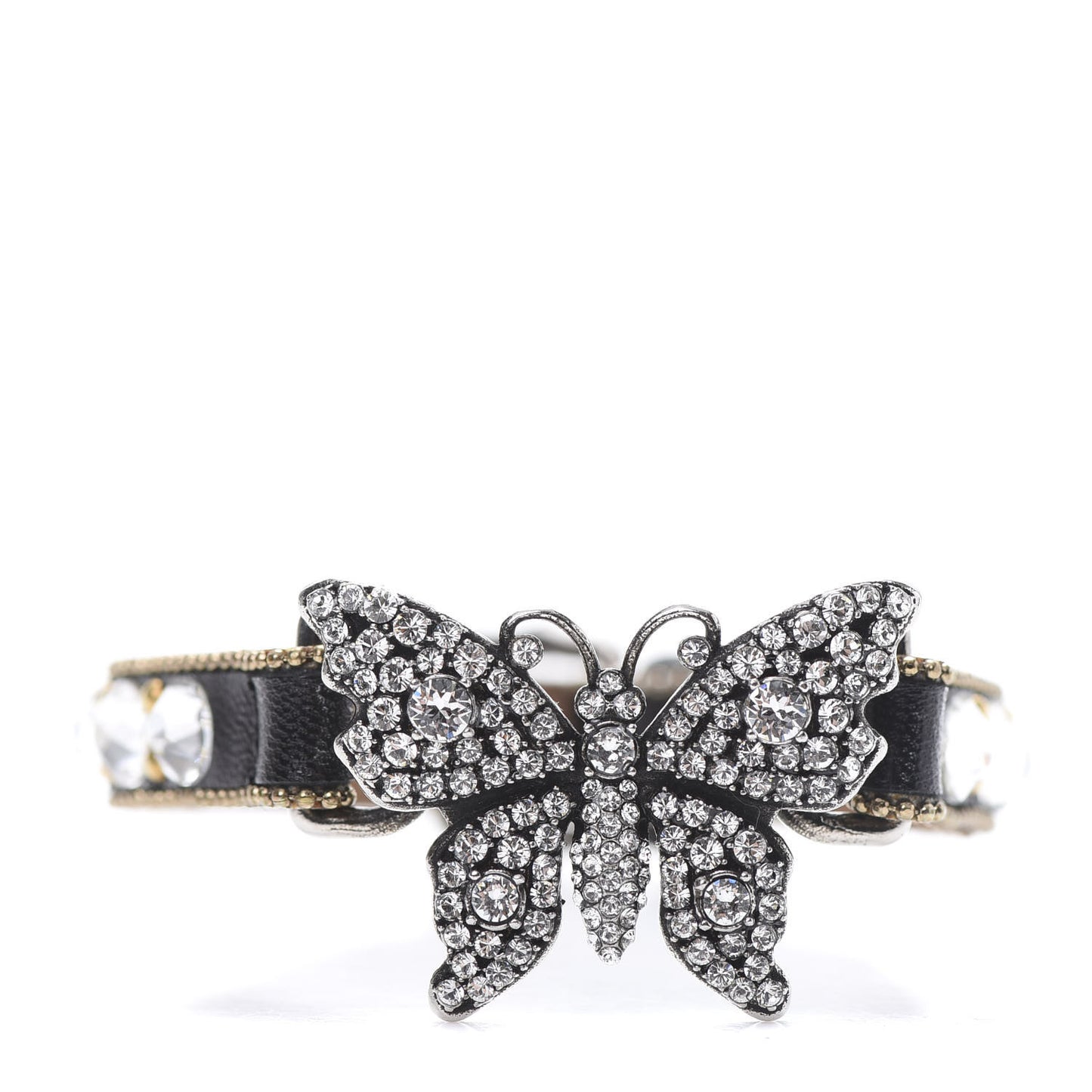 Gucci Crystal Butterfly Leather Cuff Bracelet in Black