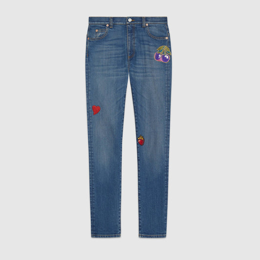 Gucci Denim Skinny Trousers with Patches in Blue Wash