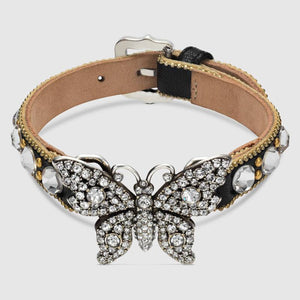 Gucci Crystal Butterfly Leather Cuff Bracelet in Black
