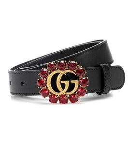 Gucci GG Red Jeweled Leather Belt in Black