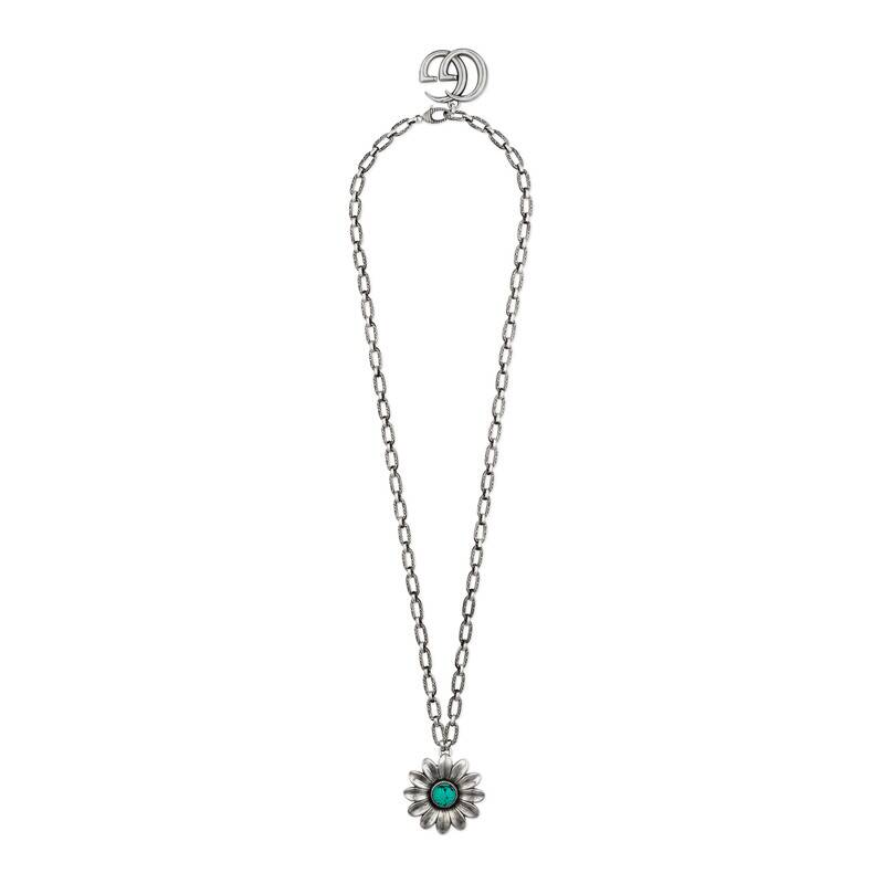 Gucci Marmont Double G Flower Necklace in Blue and Silver