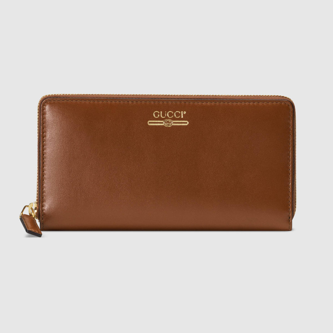 Gucci Zip Around Leather Wallet with Metallic Logo in Brown