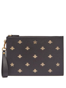 Gucci Bee Print Grained Leather Pouch In Brown