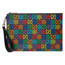 Load image into Gallery viewer, The Gucci GG Psychedelic Pouch is a bold and daring bag that will leave you in a trance. Gucci GG Supreme canvas is patterned with the signature interlocking GG and small patches of stars in an array of colors. This bag features a removable wristlet strap, 8 card slots, and 1 slip pocket. This accessory comes in a Psychedelic patterned dust bag and box to store in style!