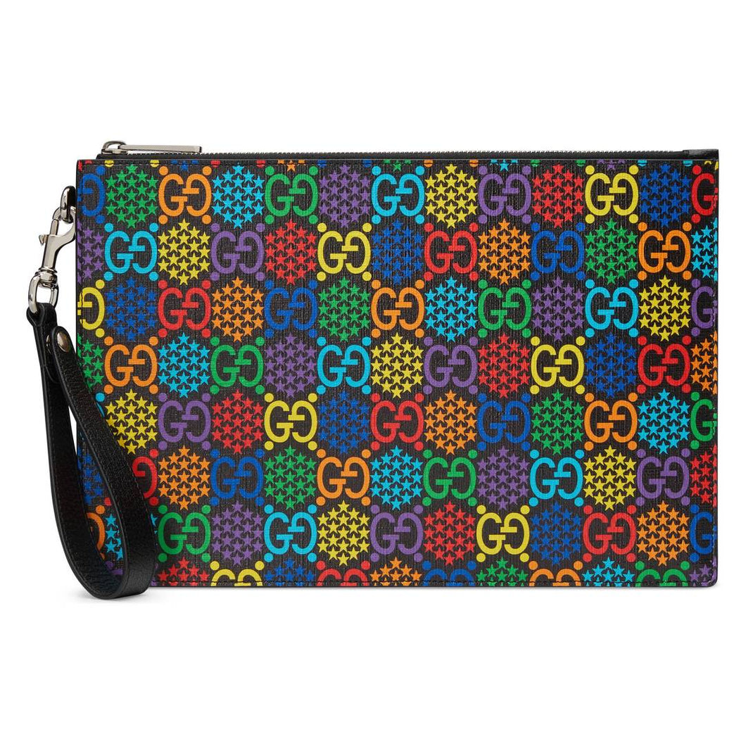 The Gucci GG Psychedelic Pouch is a bold and daring bag that will leave you in a trance. Gucci GG Supreme canvas is patterned with the signature interlocking GG and small patches of stars in an array of colors. This bag features a removable wristlet strap, 8 card slots, and 1 slip pocket. This accessory comes in a Psychedelic patterned dust bag and box to store in style!