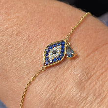 Load image into Gallery viewer, London Blue Topaz Sapphire Black and White Diamond Link Bracelet 14K Yellow Gold