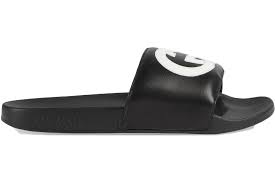 Gucci Men's Black Slides with White Interlocking GG