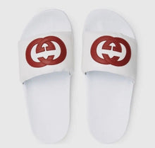 Load image into Gallery viewer, Gucci Men&#39;s White Slides with Red Interlocking GG