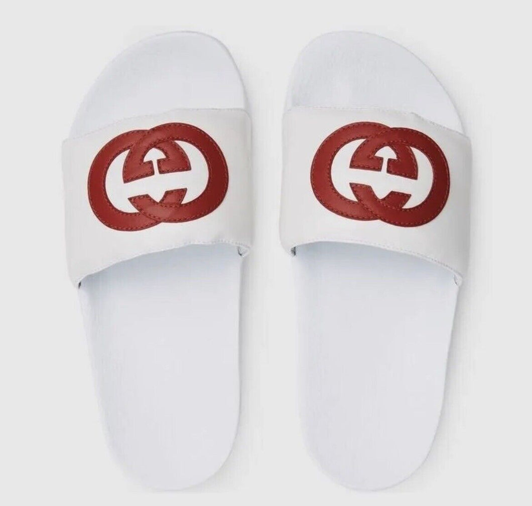Gucci Men's White Slides with Red Interlocking GG