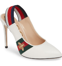 Load image into Gallery viewer, Gucci Sylvie Leather Slingback Pumps with Bee in White