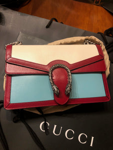 Gucci Small Dionysus Shoulder Bag in Ivory and Blue with Red Trim