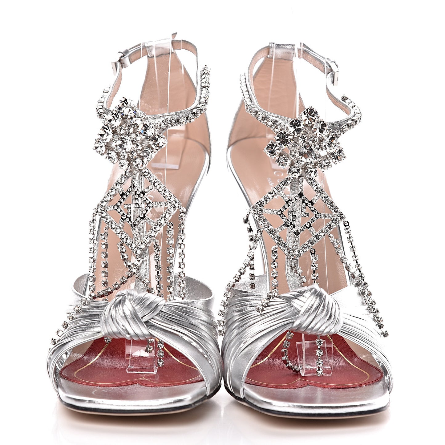 Gucci Napa Silk Crystal Crawford Strap Sandal in Silver