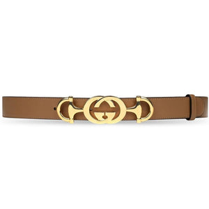 Gucci Leather Belt with Interlocking GG Horse bit Buckle in Taupe Brown